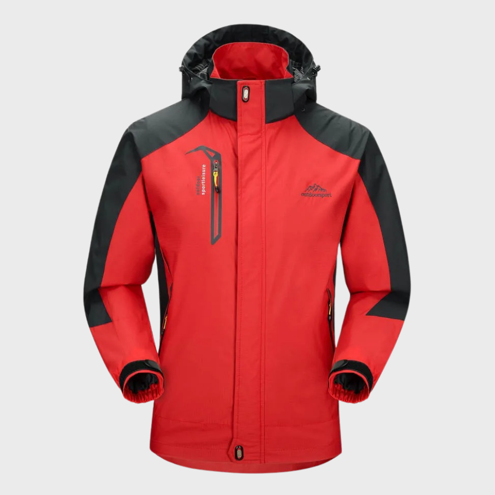 Close-up: AquaShield men's windproof jacket detail, rugged style for outdoor wear.