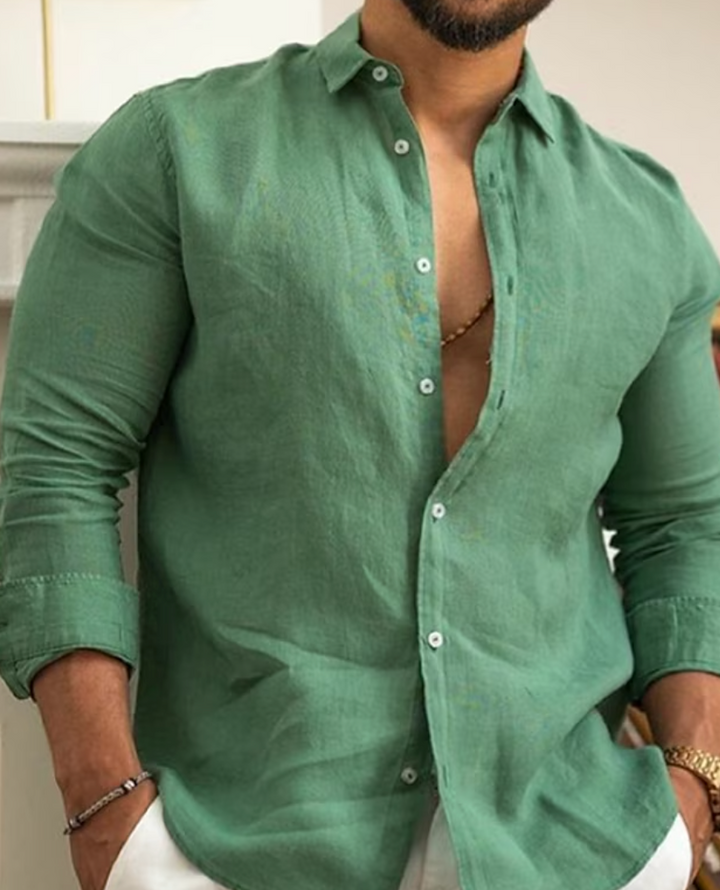 Men's Arlo linen button-down shirt, long sleeve, perfect for versatile casual and everyday wear.