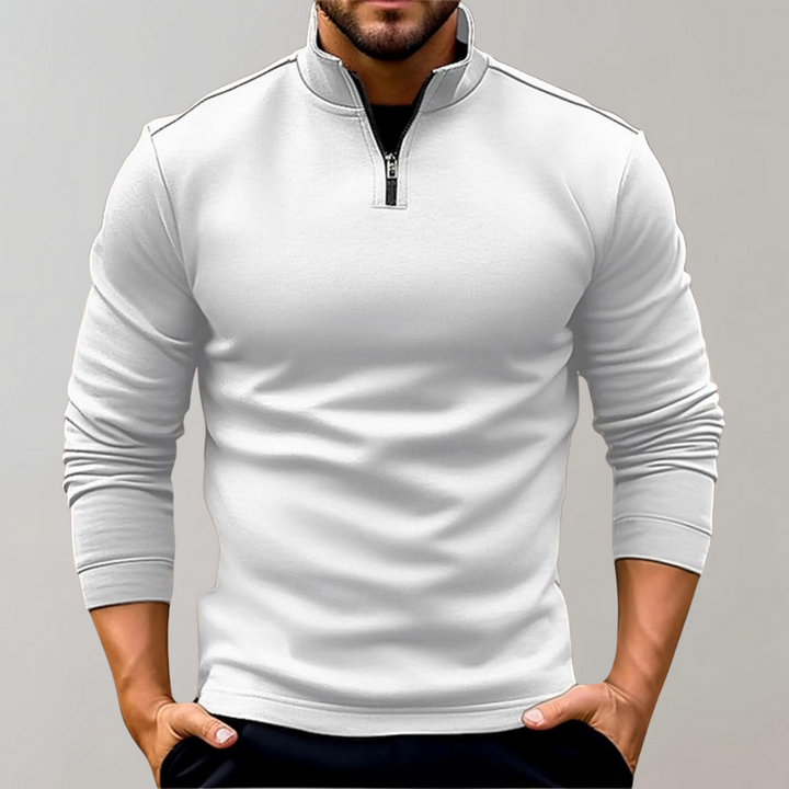 Warm Arlo men's sweater, a versatile quarter-zip for cold weather fashion.