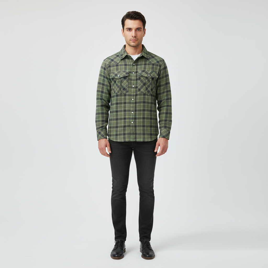 Close-up of a soft men's long-sleeve flannel shirt fabric, classic plaid design