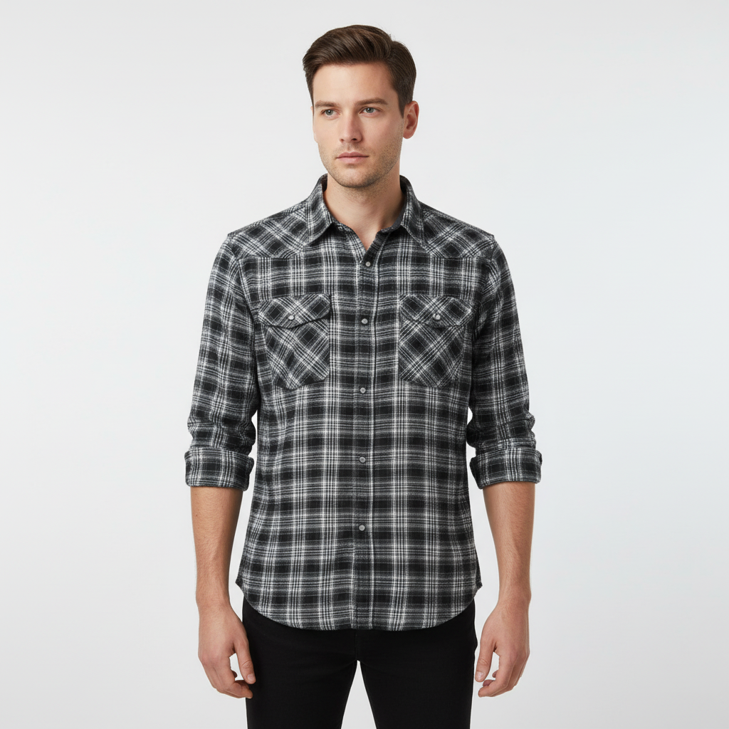 Detail of buttons & pocket on a men's checked flannel shirt, ideal winter clothing