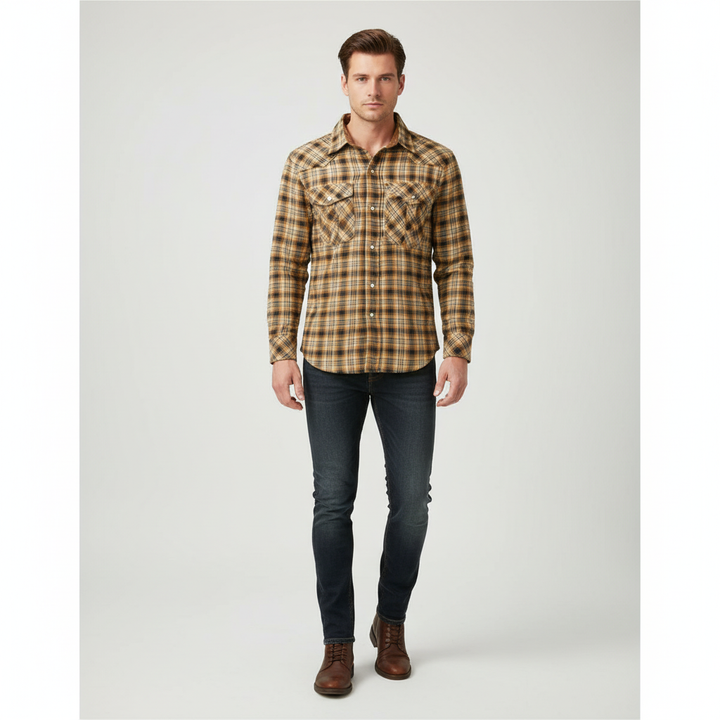 Folded men's checked long-sleeve flannel shirt, cozy and durable men's apparel