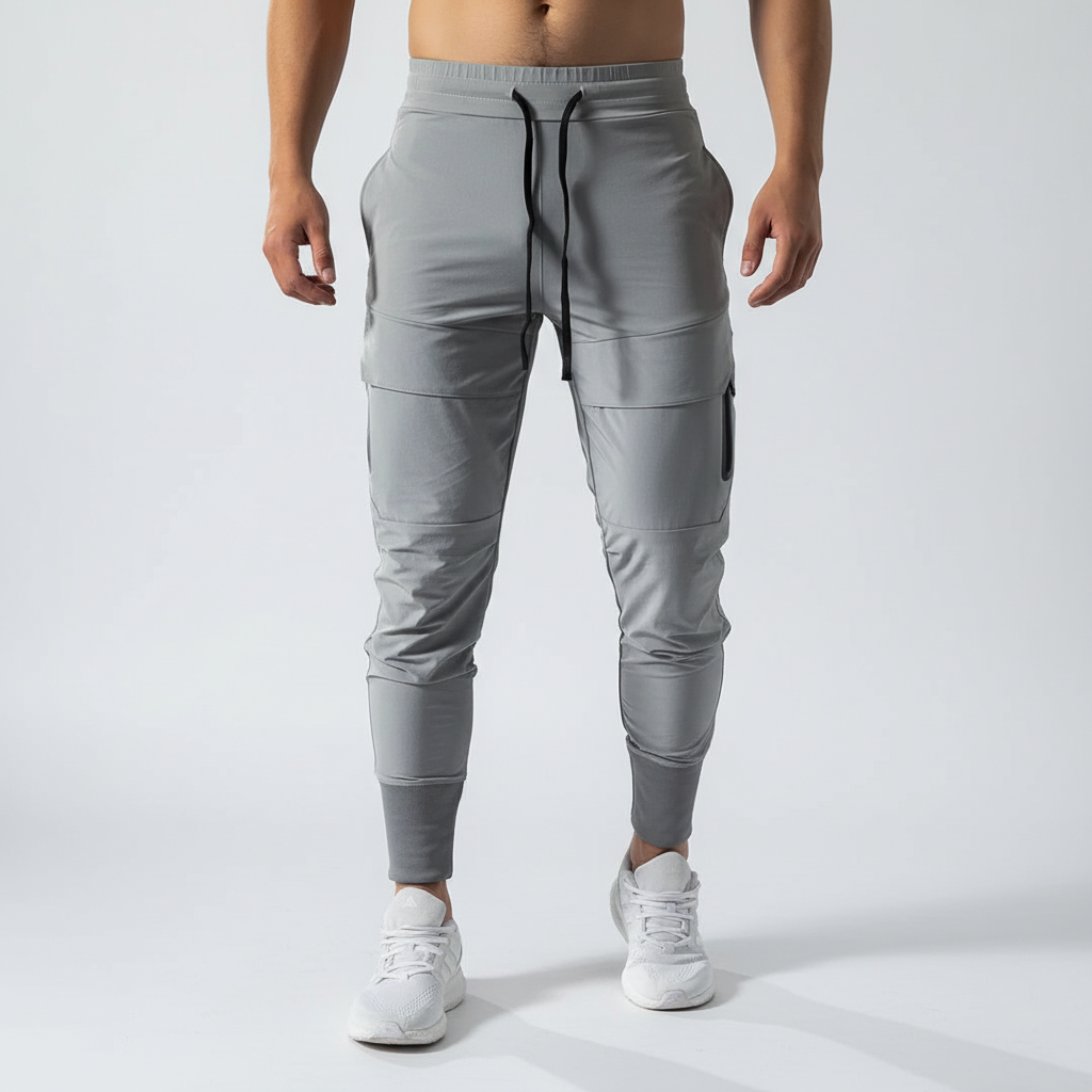 Model wearing comfortable navy blue slim fit joggers, suitable for gym or everyday wear