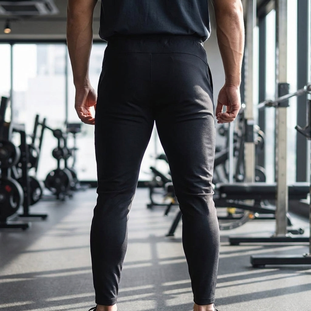 Men's athletic tapered joggers in cotton blend with elastic waist, ideal for casual and sportswear.