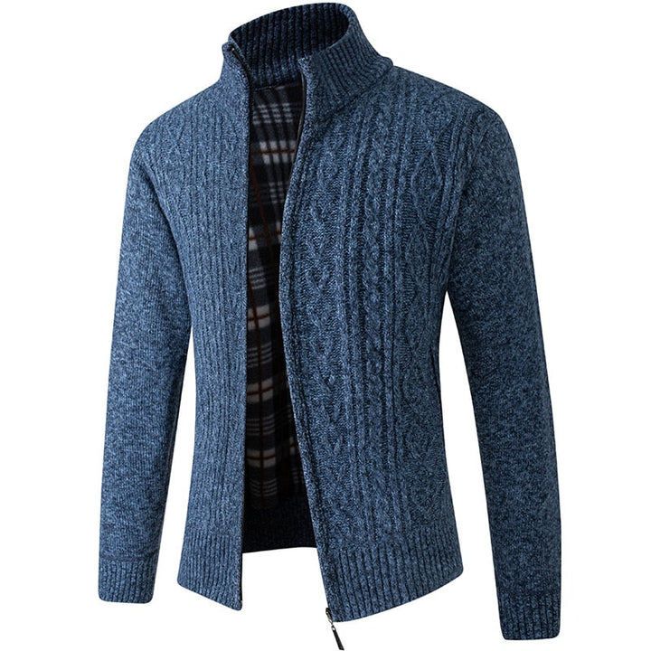 Man enjoying casual day in Atlas style knit vest cardigan, perfect for cold weather, smart casual & everyday.