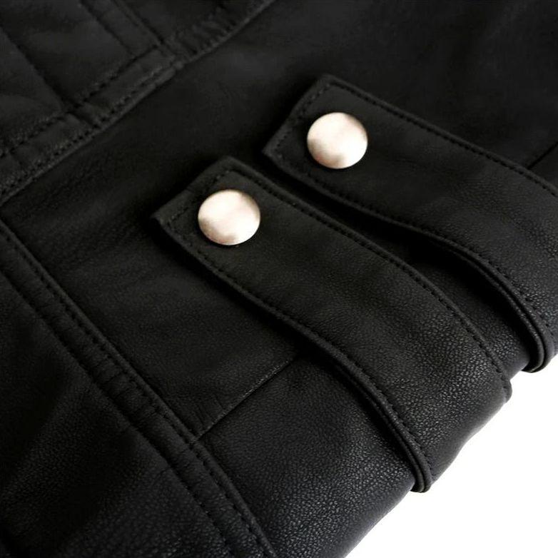 Sleek men's black leather Atlas jacket. Durable & iconic Wolverine style outerwear for fashion-forward men.