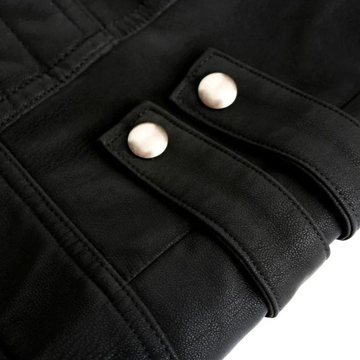 Sleek men's black leather Atlas jacket. Durable & iconic Wolverine style outerwear for fashion-forward men.
