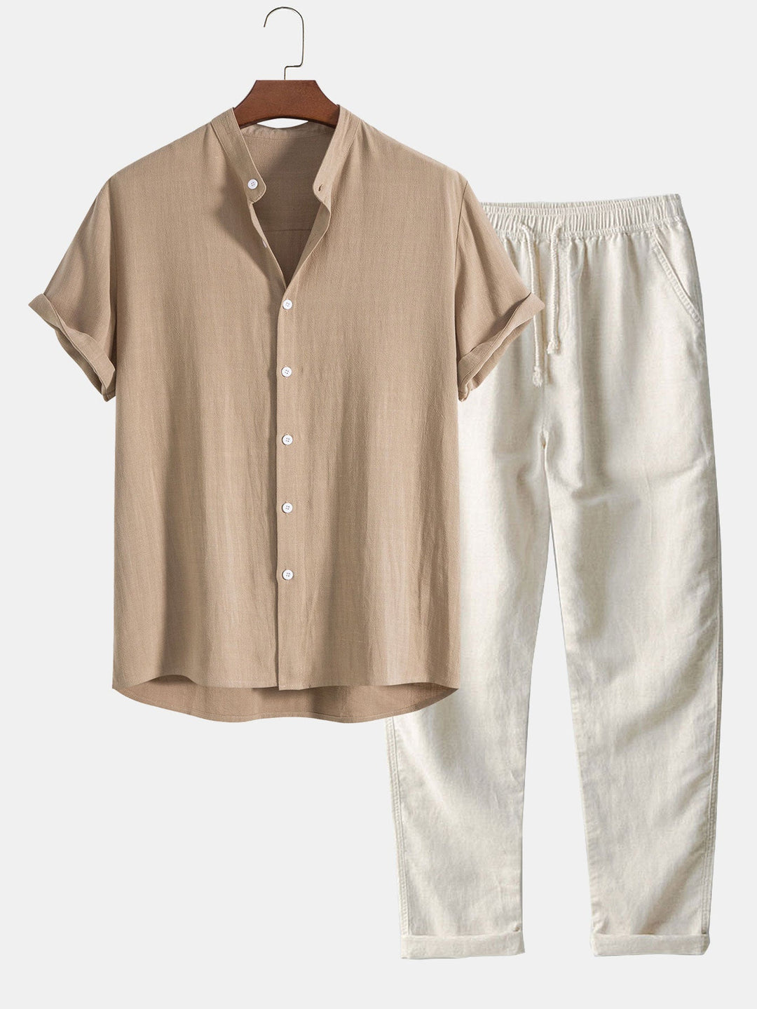 Men's beige slim fit linen co-ord two-piece outfit set with short sleeve top and ankle pants. Comfortable smart casual style.