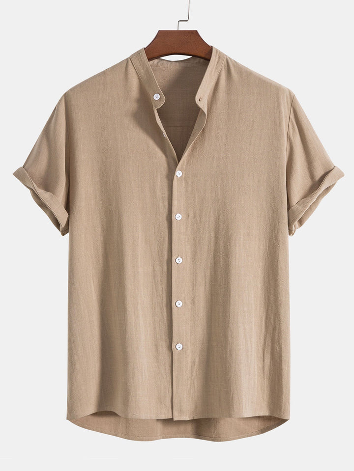 Beige slim fit men's linen co-ord set, perfect for smart casual wear. Includes short sleeve top & ankle pants.
