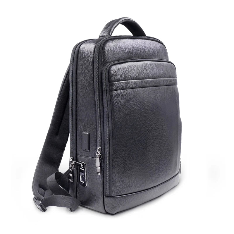 Men's black anti-theft leather backpack with secure fingerprint lock, ideal for travel & daily commute.