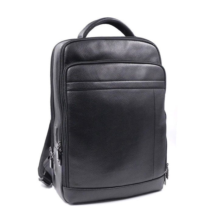 Stylish men's leather commuter backpack featuring anti-theft design & advanced fingerprint security for urban professionals.