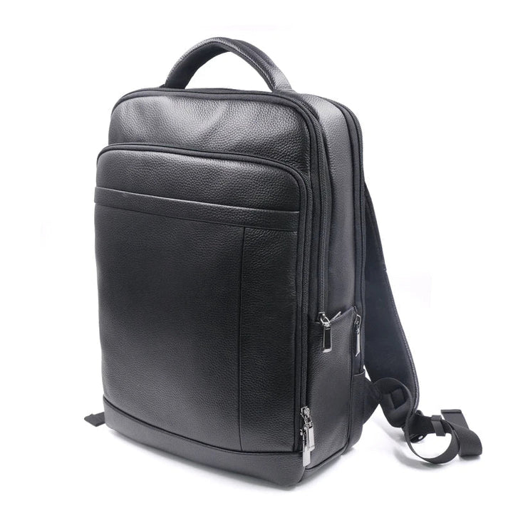 Premium men's leather security backpack in black, featuring sleek design and integrated fingerprint lock for valuables.