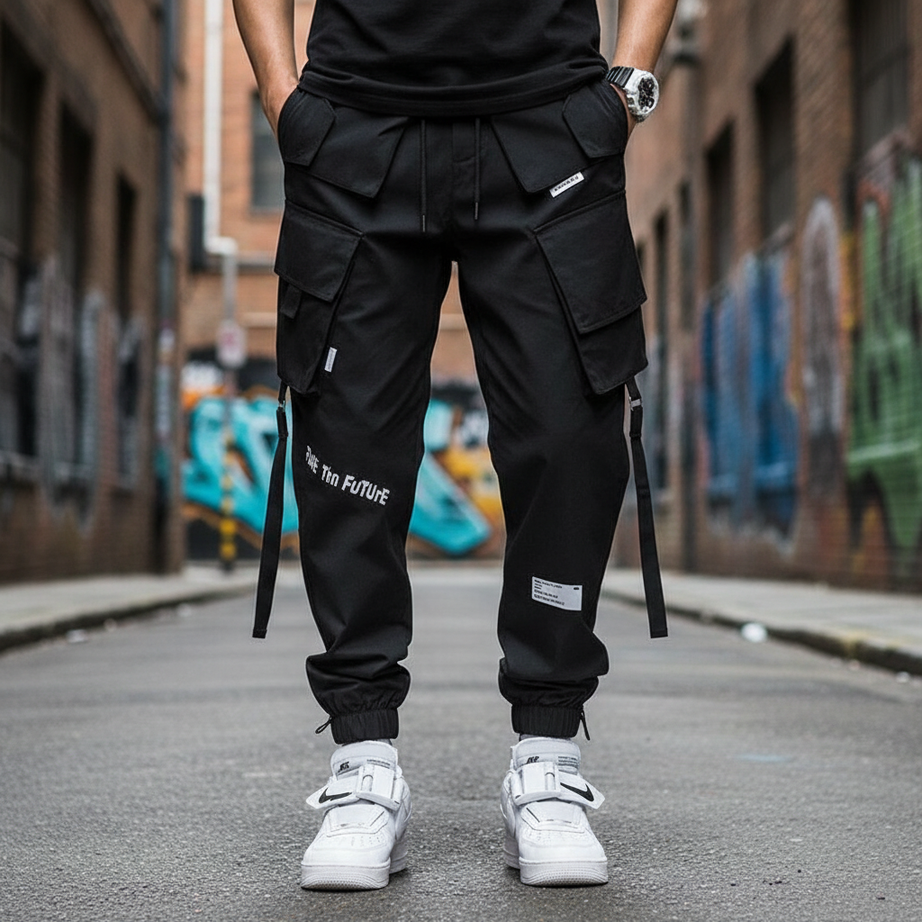 Men's black cargo hip-hop trousers, streetwear style, comfortable fit for casual wear