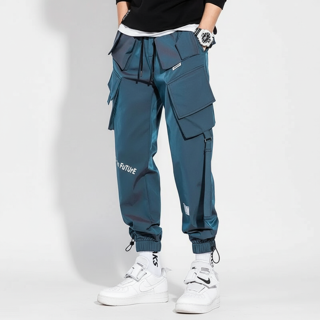 Durable men's cargo hip-hop pants, black, designed for comfort and urban fashion