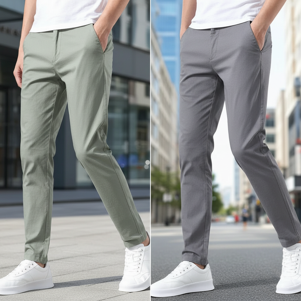 Men's black elastic slim fit casual trousers, perfect for office or daily wear, front view.