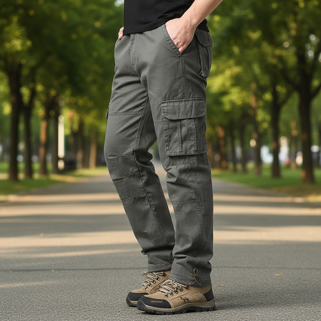 Men's black elastic waist cargo trousers, comfortable fit, side pockets, casual autumn fashion