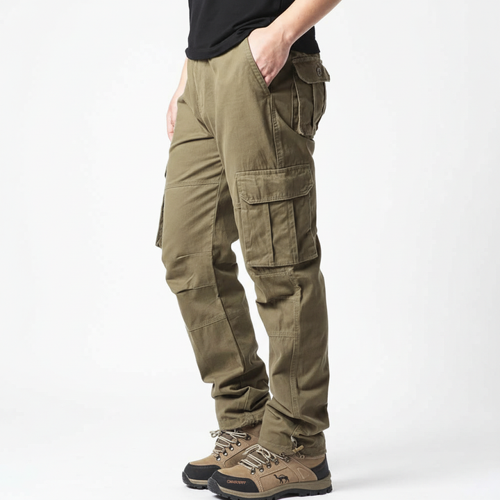 Men's cotton cargo trousers with elastic waistband, multiple pockets, perfect for autumn casual