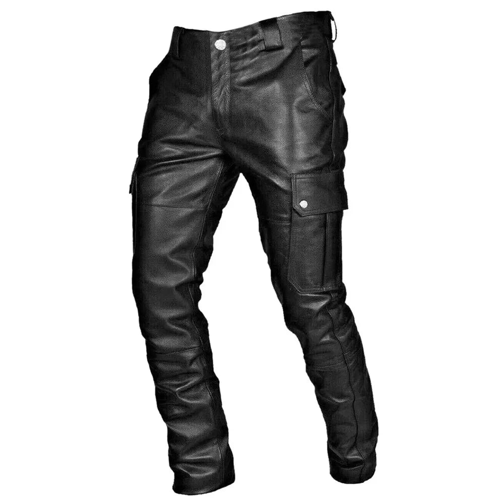 Men's black faux leather biker pants, slim fit, with multiple pockets, road style, front view