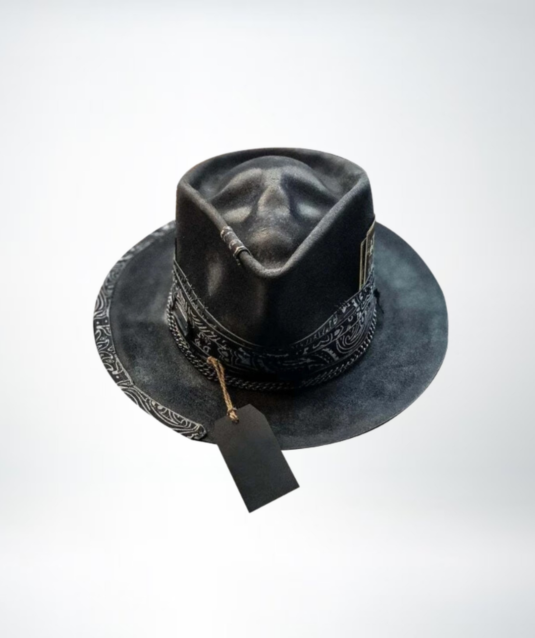 Men's black handmade felt hat with edgy raven skull design, perfect for gothic rock festivals.