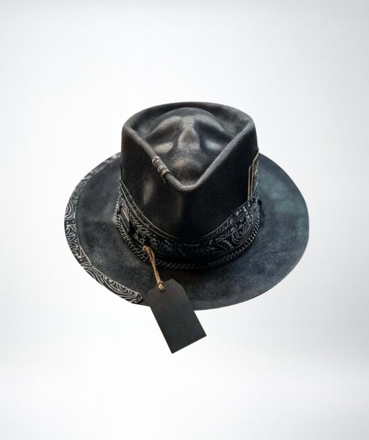 Men's black handmade felt hat with edgy raven skull design, perfect for gothic rock festivals.