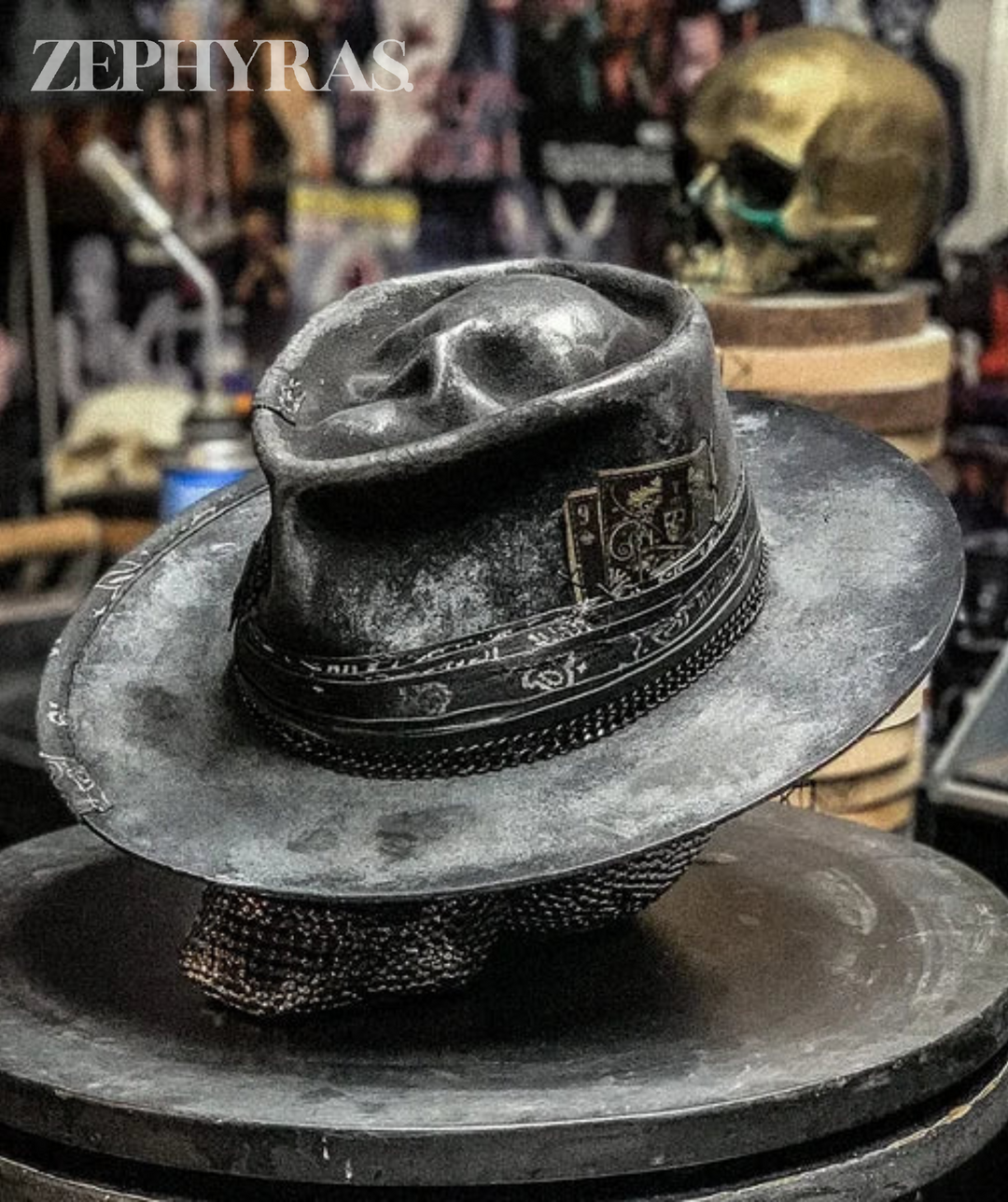 Unique men's felt hat with a handcrafted raven skull. A must-have edgy accessory for rock and festival events.