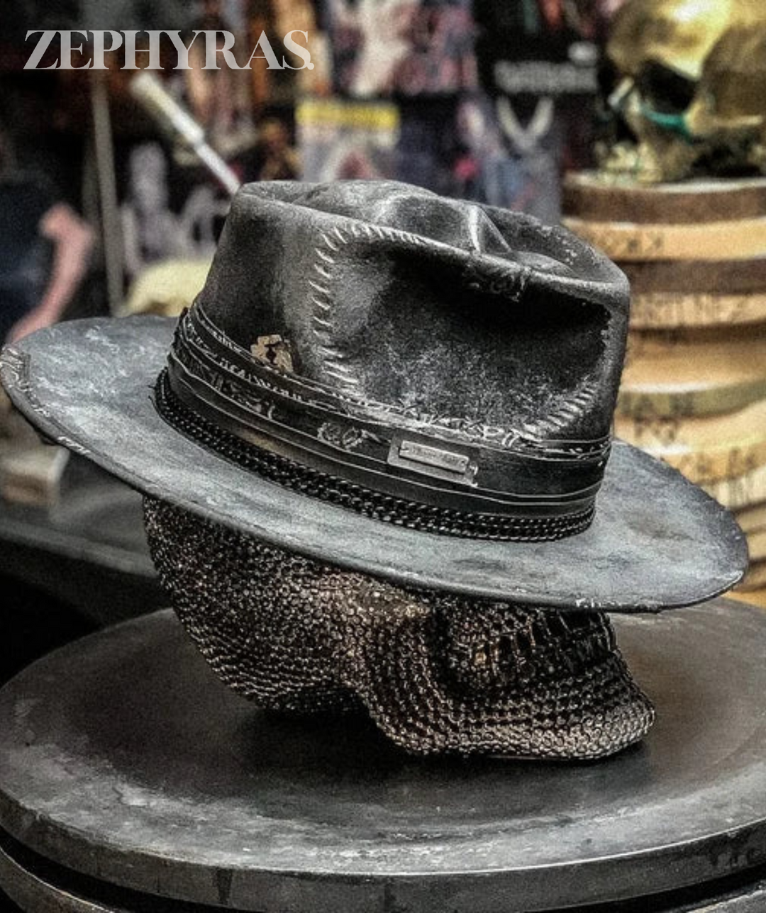 Men's black felt hat with an artisan handmade raven skull, perfect for adding an edgy touch to any outfit.