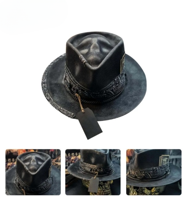 Men's bold raven skull felt hat. Handmade with an edgy design for rock, gothic, and festival styles.