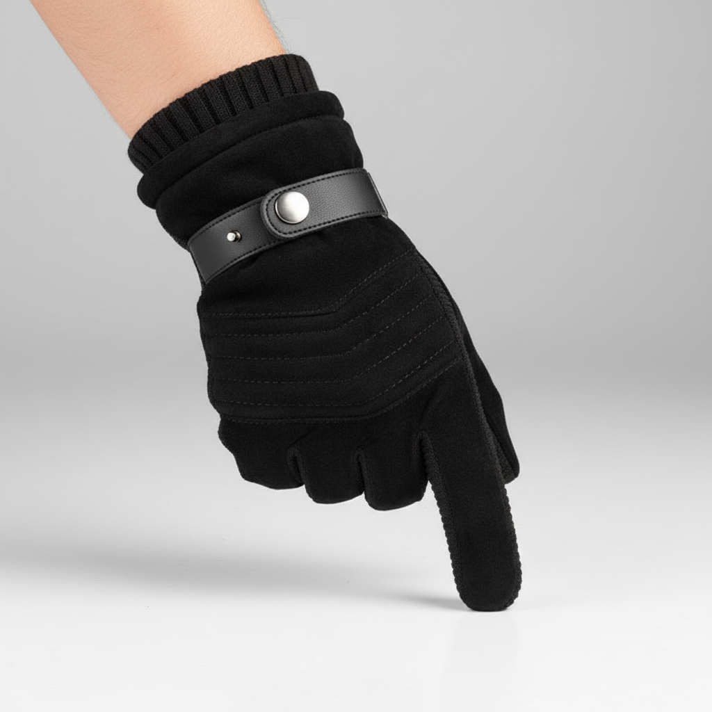 Black men's winter gloves with touchscreen fingertips, essential cold weather accessory