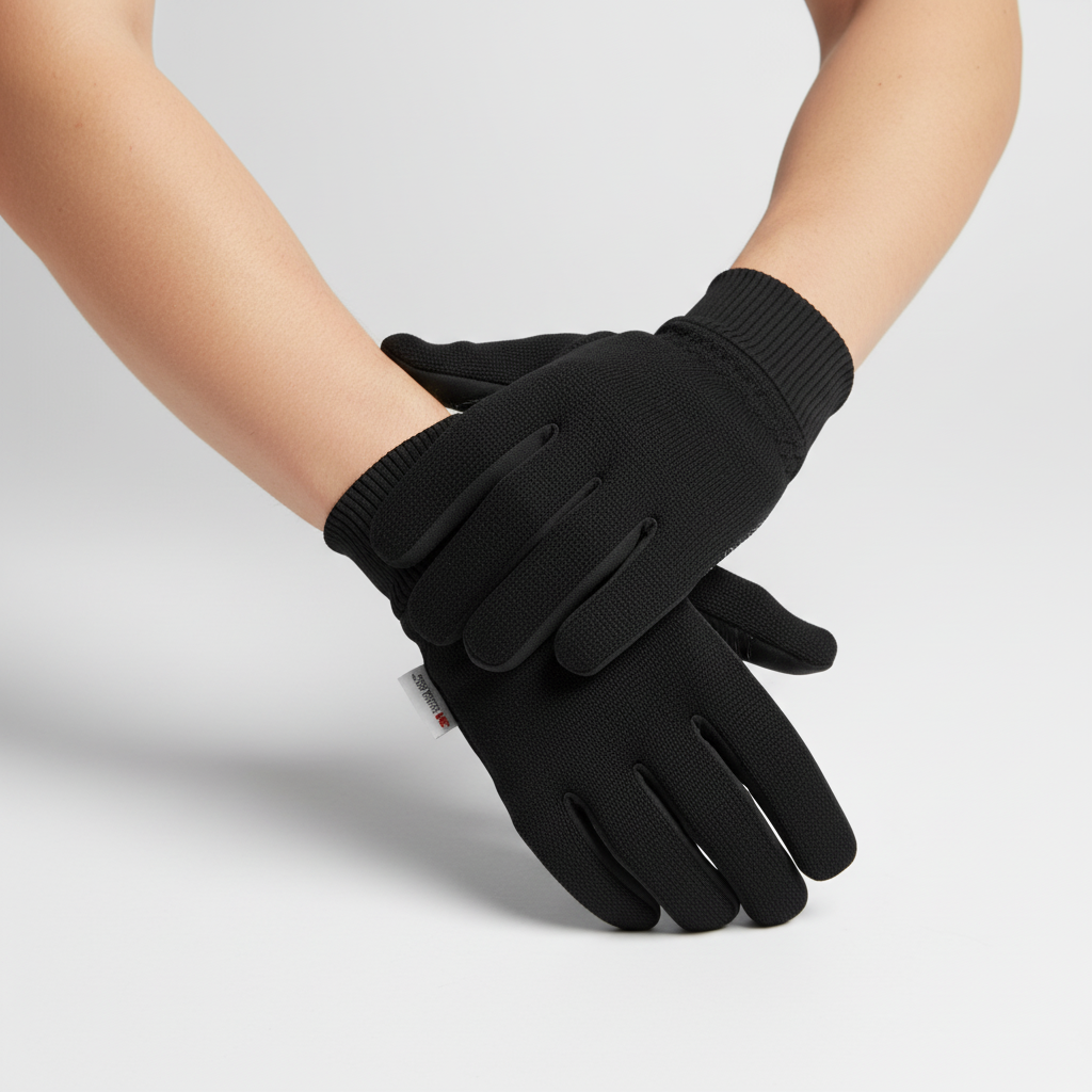 Close-up of men's insulated winter gloves showing touchscreen compatibility on thumb and index finger.