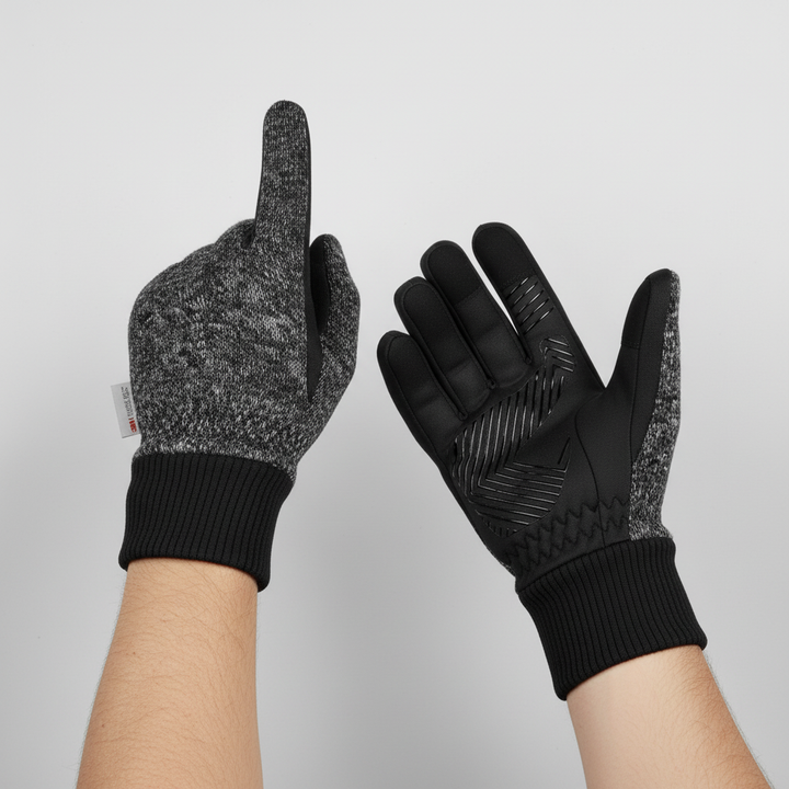 Pair of black men's winter gloves, insulated and windproof, suitable for cold weather sports and outdoor activities.