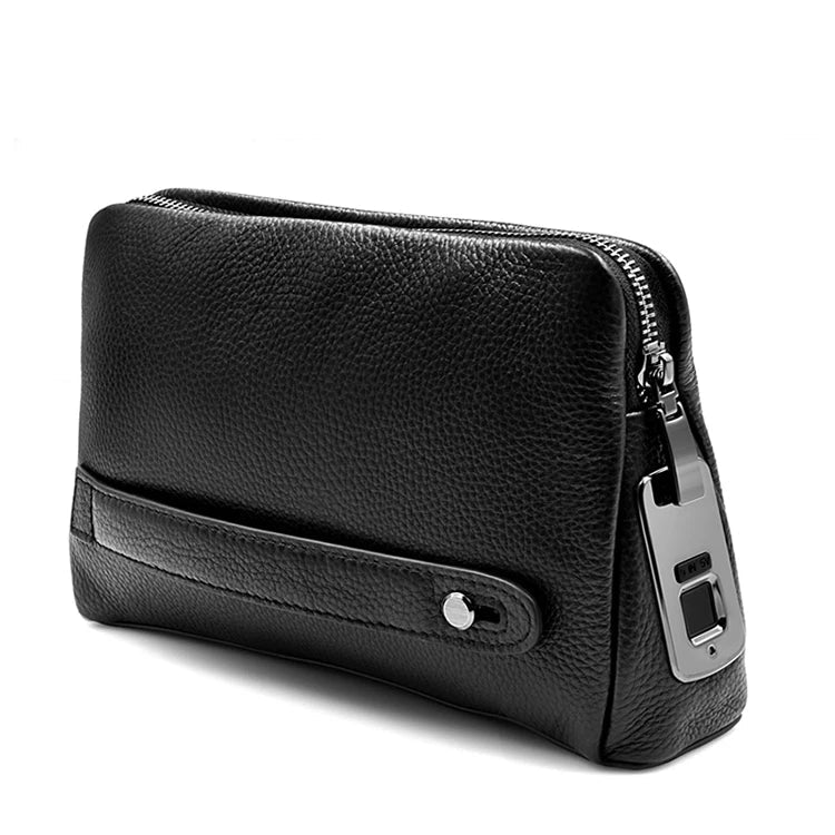 Men's black leather anti-theft clutch with advanced biometric fingerprint lock for secure valuables.