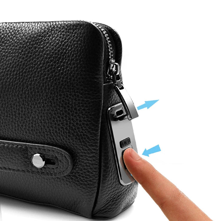 Secure men's leather clutch featuring a smart fingerprint lock, perfect for travel & daily use.