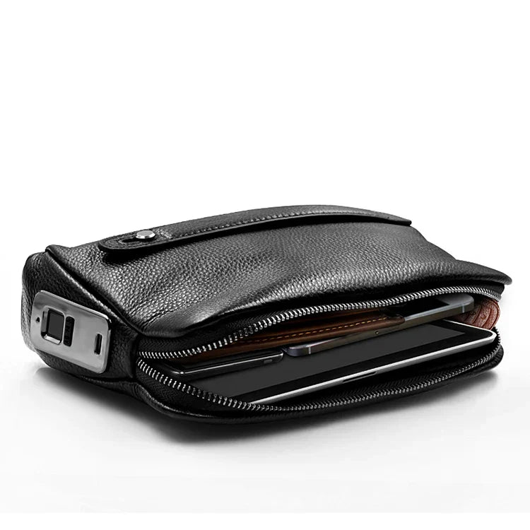 Stylish men's leather anti-theft bag with quick access biometric lock. Ideal for modern security.