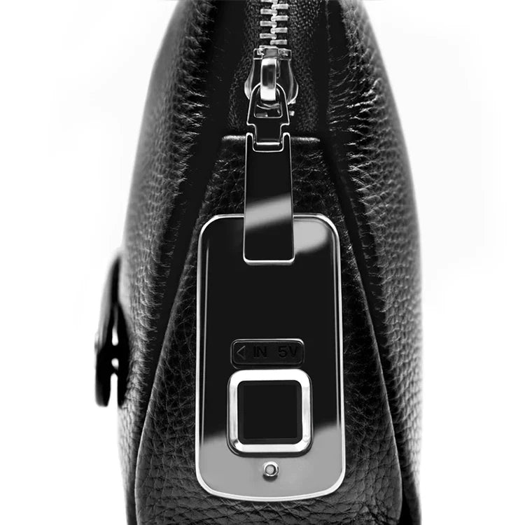 Elegant men's genuine leather clutch with integrated fingerprint security. A sophisticated anti-theft accessory.