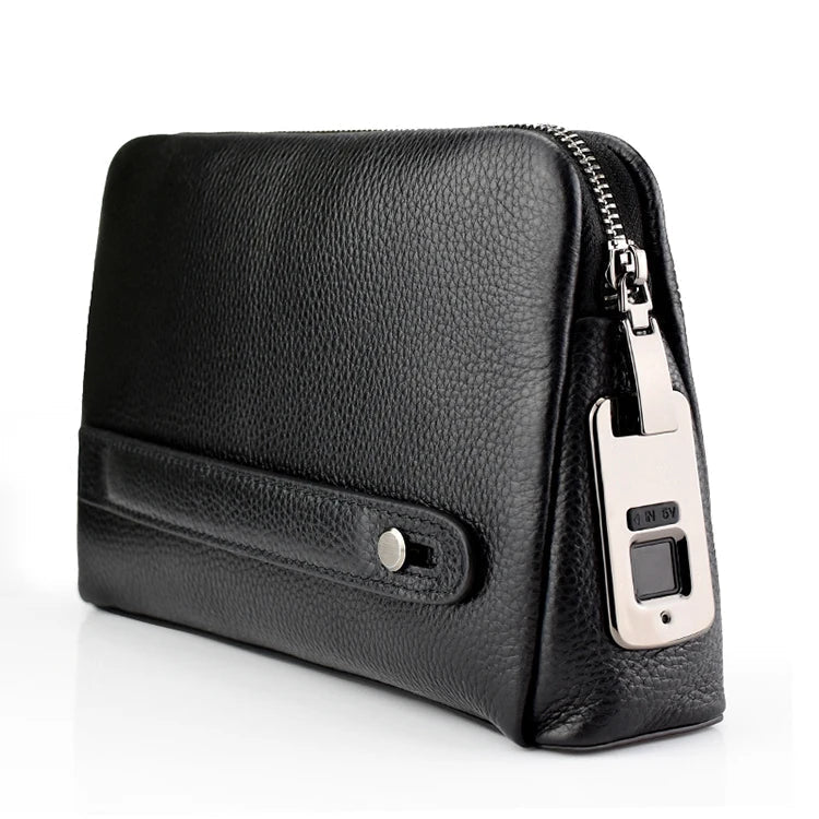 Hands-on view of men's anti-theft leather clutch, highlighting the innovative fingerprint lock technology.