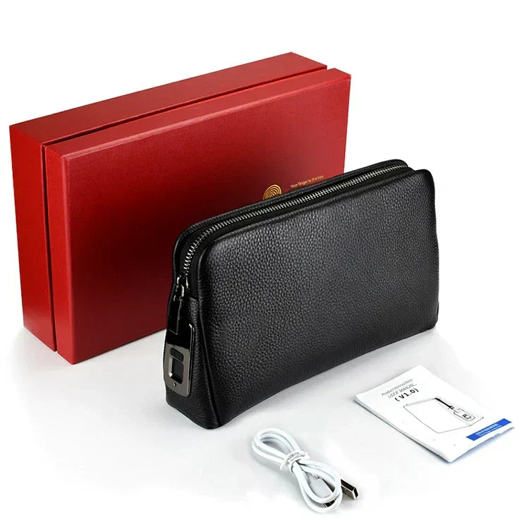 Compact men's leather travel pouch & anti-theft clutch, secured with a reliable fingerprint lock system.