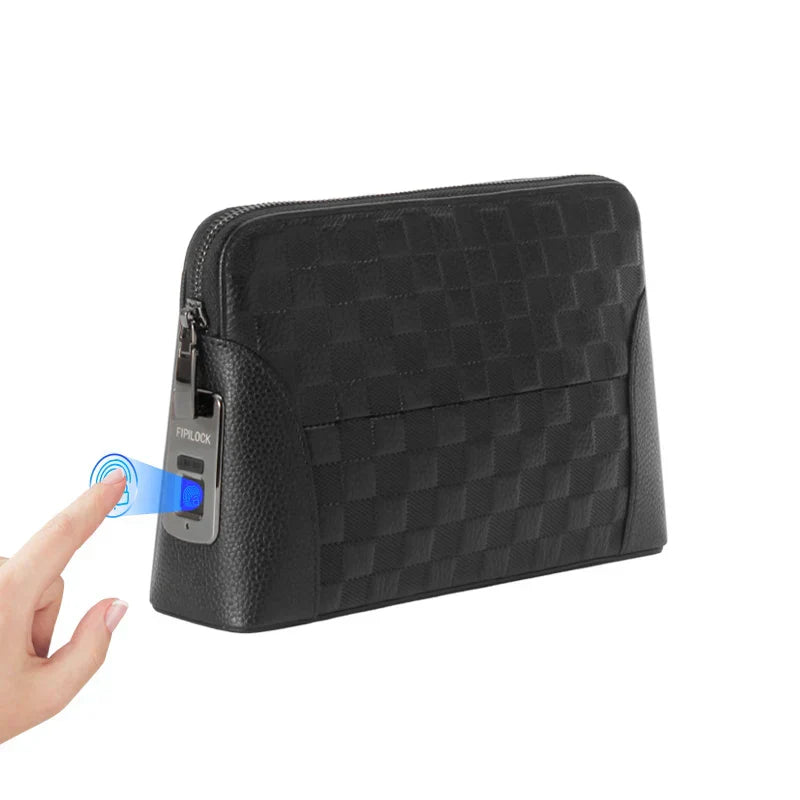 Men's black leather anti-theft clutch with fingerprint lock security, front view.