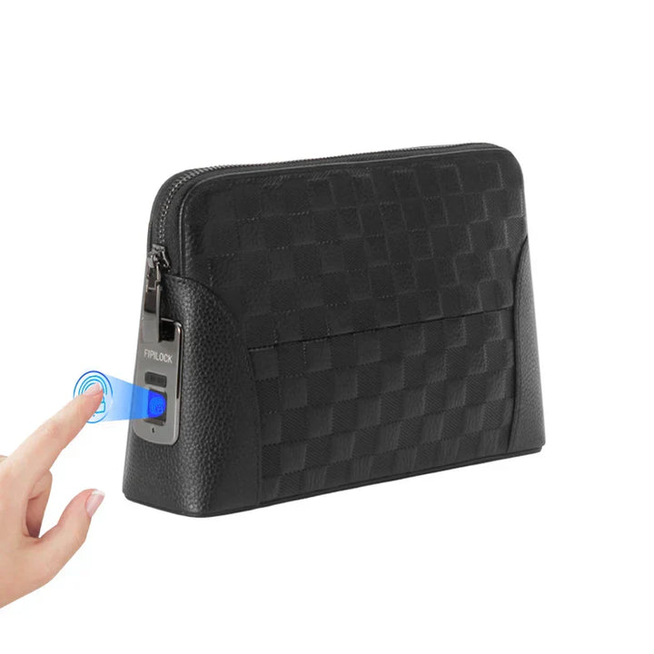 Men's black leather anti-theft clutch with fingerprint lock security, front view.