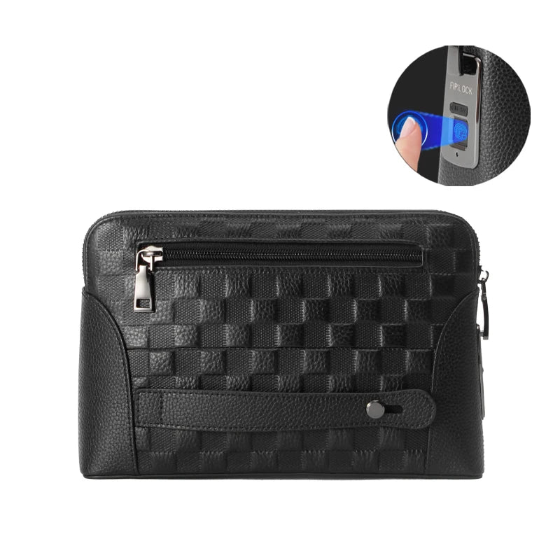Stylish men's anti-theft wallet clutch in genuine leather with advanced fingerprint security.
