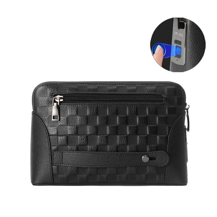 Stylish men's anti-theft wallet clutch in genuine leather with advanced fingerprint security.