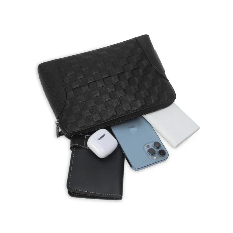 Black leather anti-theft clutch for men, showcasing the secure fingerprint lock mechanism.