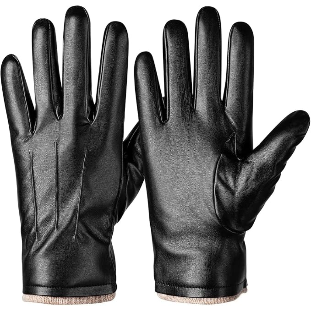 Men's black leather thermal touchscreen winter gloves, ideal for cold weather driving & outdoor activities.