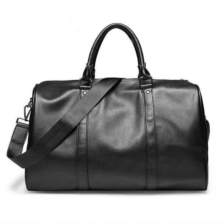 Men's black leather travel duffel bag, spacious carry-on luggage with sturdy handles and shoulder strap