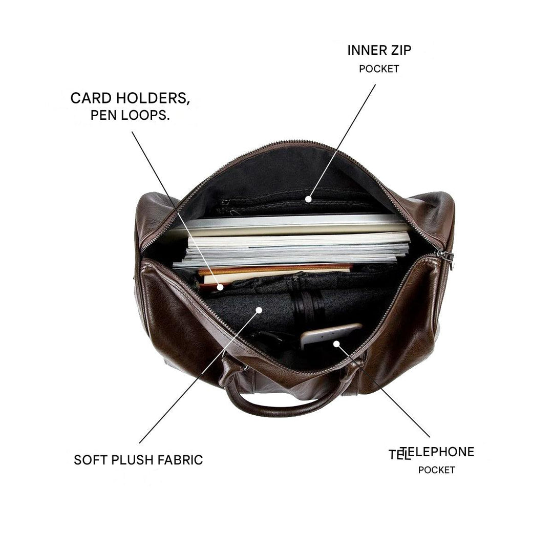 Men's brown leather travel duffel bag, a timeless fashion accessory and essential carry-on luggage