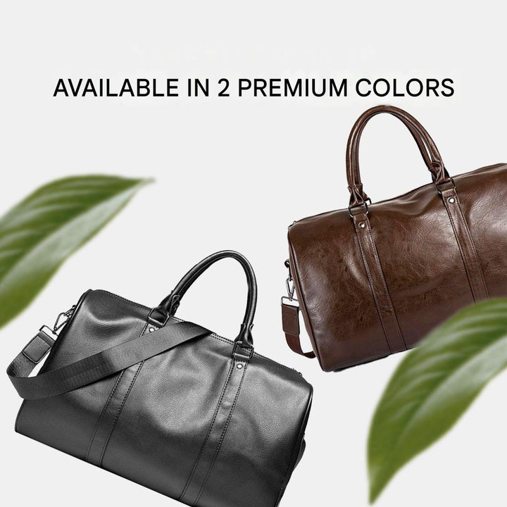 Full view of a men's brown leather carry-on duffel, ideal for short trips and as a fashion accessory