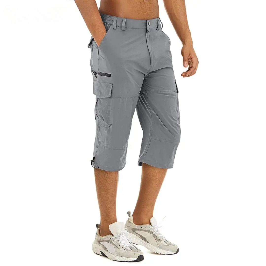 Men's black lightweight hiking cargo shorts, quick-dry fabric, multiple pockets for outdoor adventures