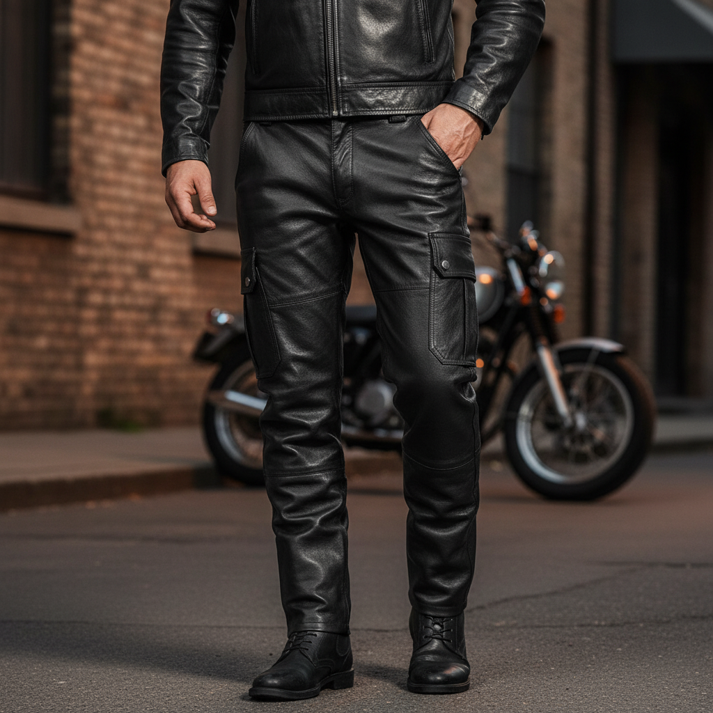 Men's black narrow fit leather motorcycle trousers, Daryl model, perfect for urban and rock style.