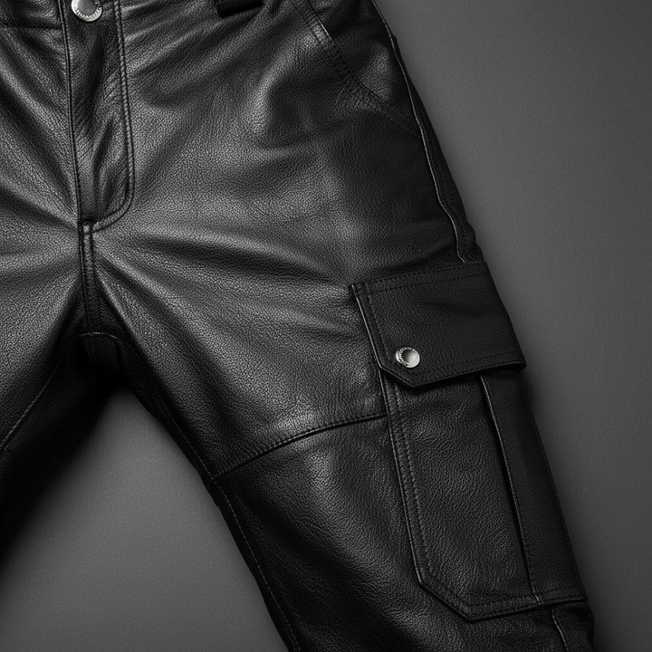 Fashionable men's narrow fit black leather trousers, motorcycle style, offering a sleek urban look.