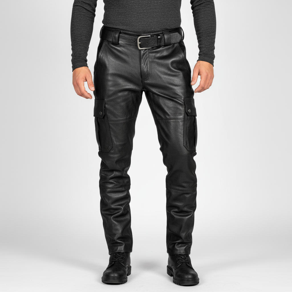 Close-up of men's Daryl narrow fit leather motorcycle pants showing texture and quality craftsmanship.