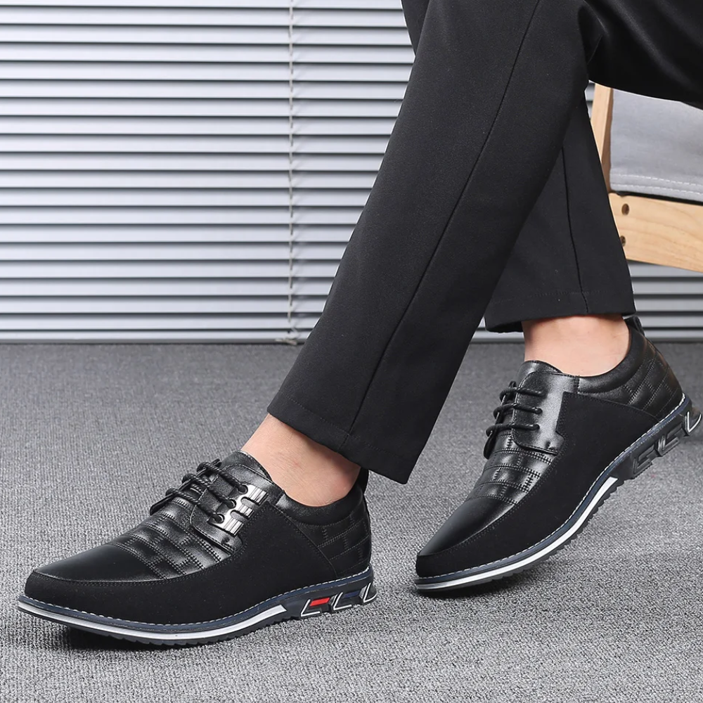 Men's black orthopedic leather dress shoes, GentleStep, offering all-day comfort & arch support.